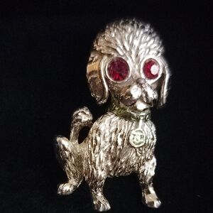 vintage Gerry's gold-tone poodleSilver Poodle Brooch with‎ Red Gem Eyes & Green